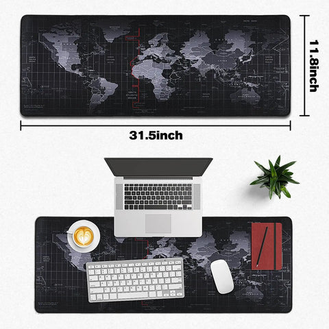 World Map Themed Go To Gaming Mouse Pad For Desk And Keyboard, Large 31.5 Inch By 11.8 Inch, Non Slip Base, top view showing setup