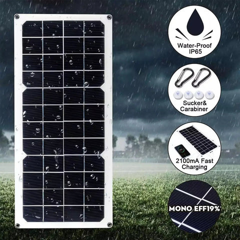 100W Semi Flexible Monocrystalline Solar Panel USB Output for off-grid power, shown in rainy outdoor setup with accessories
