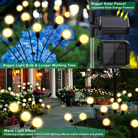 Upgraded Solar Firefly Lights 4 Pack Outdoor Waterproof 8 LED Starburst Swaying Lights illuminating a garden walkway
