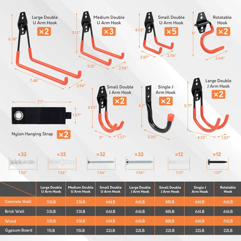 Kickass Heavy Duty Garage Storage Hooks 20 Piece Wall Organization Kit with various hook sizes and nylon strap details.