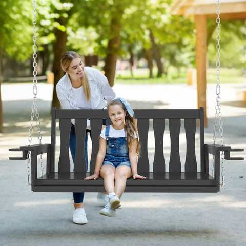 All Weather Outdoor Hanging Porch Swing For Two Seats With Cup Holders Durable Plastic Patio Swing Bench With Chains