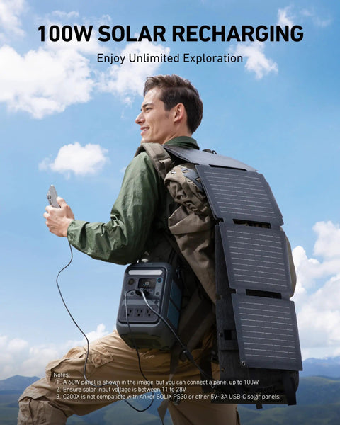 Man using Solix C200X Portable Power Station With 60W Solar Panel 230Wh LiFePO4 Battery for outdoor adventure