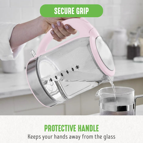 Pouring water from 1.7 Liter Glass Electric Kettle With Fast Heat And Easy One Touch Start No Fuss Filtered Spout For Clean Pour LED Base Auto Shut Off Cordless Serving Great For Tea And Coffee Pink into a cup