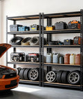 Heavy Duty 5 Tier Adjustable Storage Shelves Rack Holds Up To 3000 Lbs For Garage Kitchen Basement Pantry Or Warehouse Durable Metal Shelving With Solid Wooden Boards 72 In High 36 In Wide 16 In Deep Black in garage with tools and tires