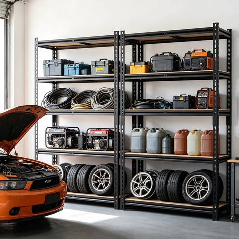 Heavy Duty 5 Tier Adjustable Storage Shelves Rack Holds Up To 3000 Lbs For Garage Kitchen Basement Pantry Or Warehouse Durable Metal Shelving With Solid Wooden Boards 72 In High 36 In Wide 16 In Deep Black in garage with tools and tires