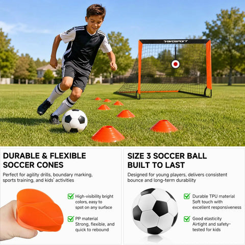 Child playing with Two Pack Backyard Pop Up Soccer Goals 4x3 Ft For Kids, Portable Net Set on grass with cones and soccer ball.