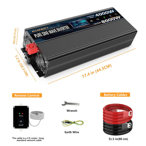 4000W Pure Sine Wave Power Inverter 12V To 110V And 120V AC With Remote, 8000W Peak, 4 AC Outlets, Dual USB, LED Display
