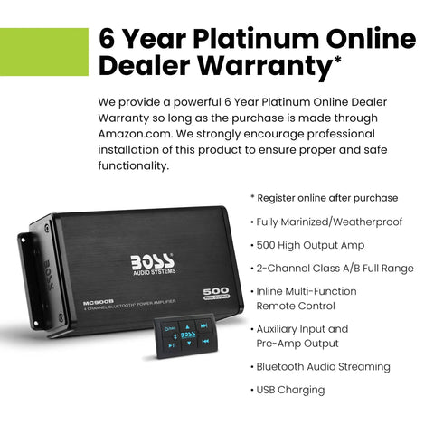 4 Channel ATV UTV Marine Amplifier With Bluetooth Remote Plug And Play, 125W Max Per Channel, shown with remote control