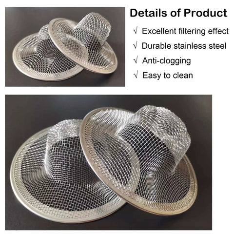 Super Sturdy 10 Pack Stainless Steel Drain Strainers For Sink And Tub Rust Proof Mesh hair catchers stacked on black background.