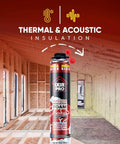 Mega Size Spray Foam Insulation Kit With Eighteen Thirty Ounce Cans Of Expanding Foam Sealant Spray in a construction setting.