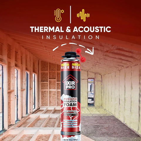 Mega Size Spray Foam Insulation Kit With Eighteen Thirty Ounce Cans Of Expanding Foam Sealant Spray in a construction setting.