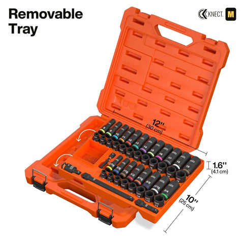 Dual Profile Impact Socket Set With Deep Well And Shallow Sockets 3 By 8 Inch Drive 44 Piece SAE And Metric Kit in orange case