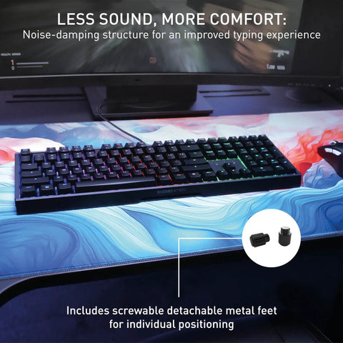 Badass Wired Gaming Keyboard Featuring Rock Solid Aluminum Chassis And Ultra Smooth Mx2A Brown Switches For Next Level Action and RGB backlighting on desk.