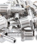 Top Shelf Stainless Steel 316 Barb Connector 1/4 Inch Hose Id To 3/8 Male Npt Bulk Pack Of 600 Pieces with smooth surface and threaded ends.