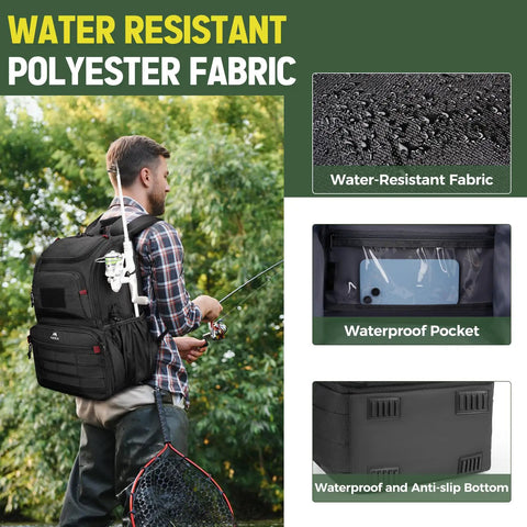Man carrying Fishing Backpack With Built In Cooler Water Resistant Tackle Bag with rod holders in outdoor setting