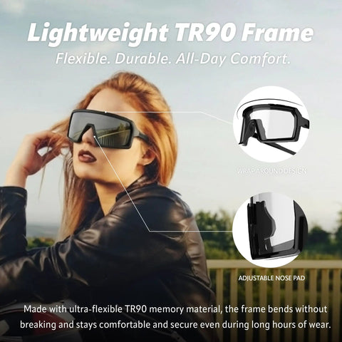 Badass Photochromic Safety Glasses with No Cap Impact Resistance for Cycling and Motorcycle Riding Featuring Rustproof Frames and Lightweight ANSI Z87 Approved Gear That Slaps for Worksite or Outdoor Adventures with a woman outdoors.