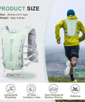 Back view of runner wearing the green Lit 5L Running Vest Hydration Backpack With Two 500ml Soft Bottles, shown with size details.