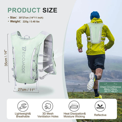 Back view of runner wearing the green Lit 5L Running Vest Hydration Backpack With Two 500ml Soft Bottles, shown with size details.