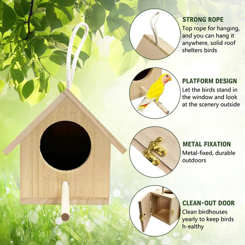Pack Of 2 Natural Wood Hanging Bird Houses For Outdoors DIY Patio Garden Decor Nest Boxes with details on design and materials.