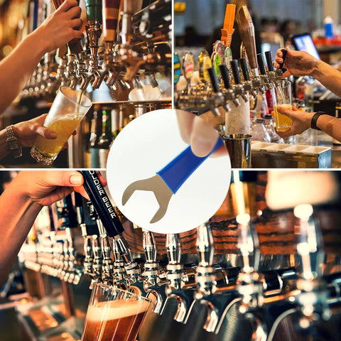 Heavy Duty Beer Faucet Wrench For Draft Systems tool shown with taps in various kegerator setups
