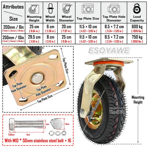 Heavy Duty Rubber Wheel Casters Set Of Four Dead Silent Shock Absorbing Roll Braked Swivel Or Locked Fixed Options Carry 440 Pounds Each Industrial Grade Tires, detailed size chart and specs