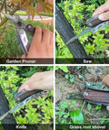 7 In 1 Garden Pruning Shears Folding Multitool With 8 Inch Professional Garden Scissors shown pruning, sawing, cutting, and digging.