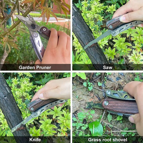 7 In 1 Garden Pruning Shears Folding Multitool With 8 Inch Professional Garden Scissors shown pruning, sawing, cutting, and digging.