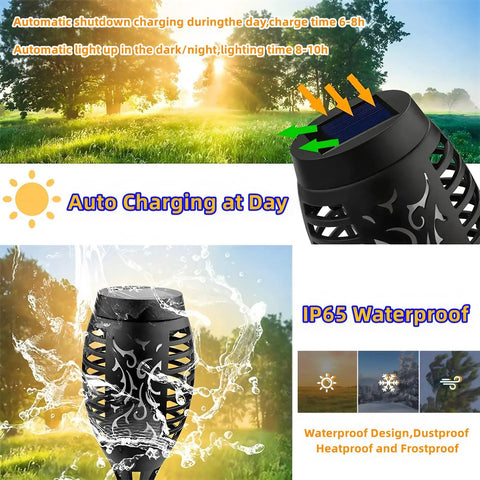 Close-up of Blue Flickering Flame Solar Torches Lights 4 Pack for Outdoor Yard Garden, showing waterproof design and solar charging.
