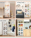 Three Tier Foldable Storage Cabinet On Wheels With Lids And Doors, Plastic Stackable Pantry Cupboard Closet Organizer in bedroom, living room, work room, and kitchen settings.
