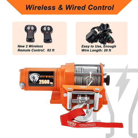 2500 Lb ATV UTV Electric Winch Kit With 12V Steel Cable, dual wireless remotes, and waterproof features for off-road towing
