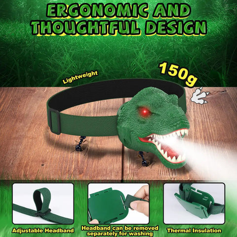 Dinosaur Headlamp For Kids With LED Flashlight Roar And Silent Modes, T Rex Dino Toy with adjustable headband on wood surface