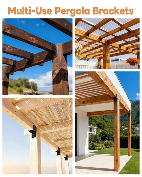 Wood pergolas with black Beefy Four Pack Heavy Duty 4x4 Post Anchor and Joist Connector Brackets Without Screws for decks, gazebos.