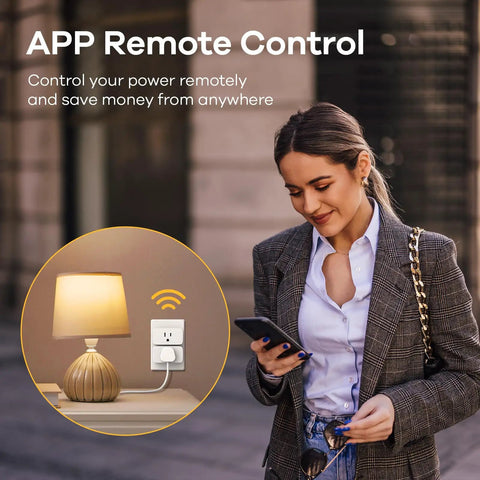 Woman using phone with lamp connected to Matter Smart Plug 2 Pack, 15A 1800W Wi Fi Outlet for remote control, indoor setting.