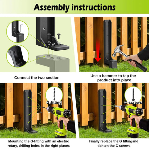 Assembly instructions for 4 Pack Heavy Duty Fence Post Repair Kit with ground stakes, showing drilling and hammering process.