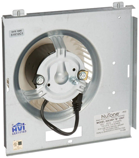 Power Unit Assembly For NuTone Ventilation Fans Models 8663RF 8663RFT showing fan mechanism and white replacement part.