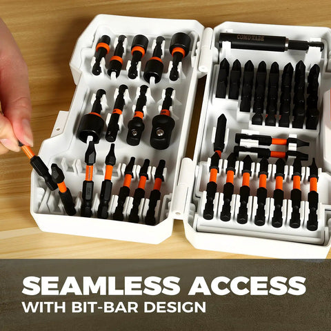 Open case showing 68 Piece Impact Screwdriver Bit Set Beast Pro Grade Black Oxide Coated Bits with hex, Torx, PH, and PZ bits.