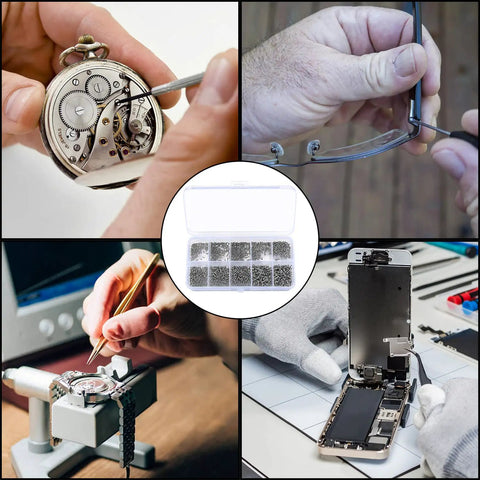 1200 Pcs Mini Screw Kit M1 M1.2 M1.4 M1.7 Micro Phillips Head Pan Screws For Electronics Sunglasses Watches Self Tapping Round Head Fasteners Nickel Plated Durable Repair Kit For DIY Projects image showing use in electronics and eyewear repairs
