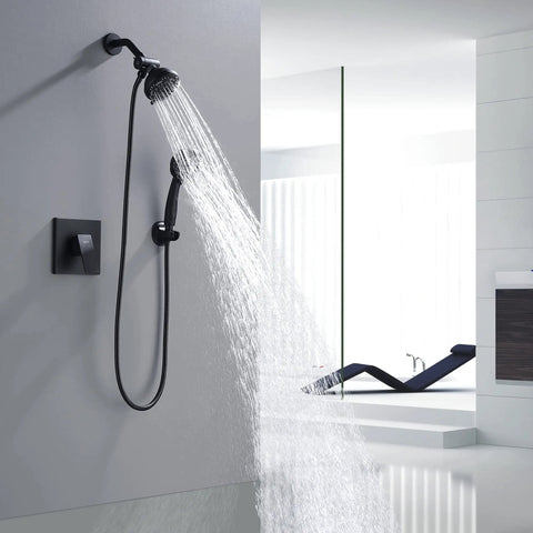 Matte Black High Pressure Shower System With Six Setting Rain Shower Head And Handheld Combo Including Pressure Balance Valve And Trim Kit