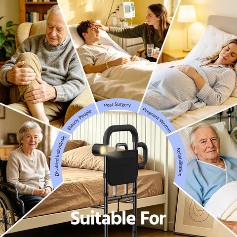 Senior Bed Rail With Remote Light And Height Adjust suitable for various users including elderly, post-surgery, pregnant, rehabilitation