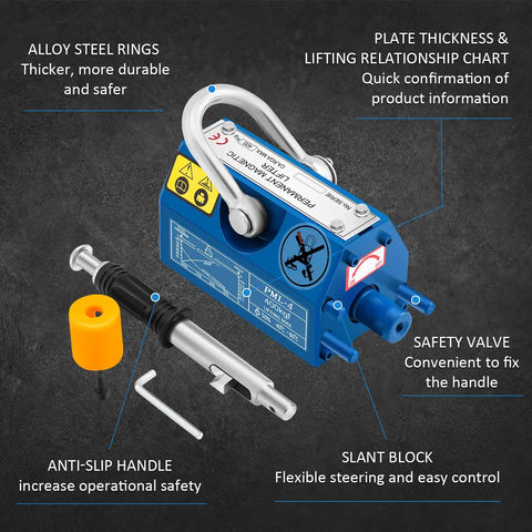 Heavy Duty Magnetic Lifter Hoist With Handle, 880 Lb Capacity, Two And A Half X Safety Factor, features and parts identified