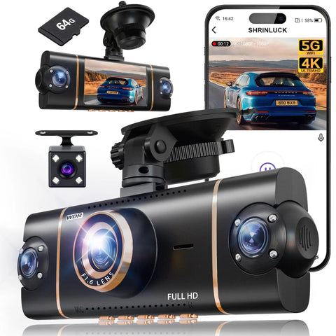4 Channel 360 Degree Dash Cam with Front Rear Inside Left Right Cams, 4K Front And 1080P Side And Rear Shots, includes 64GB card