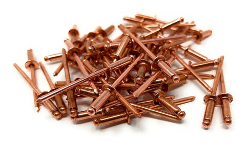 Copper Pop Rivets 1 Eighth Inch Diameter Dome Head Blind Rivets With Copper Mandrel, 4-4 Grip Range, 100 Pack on white background