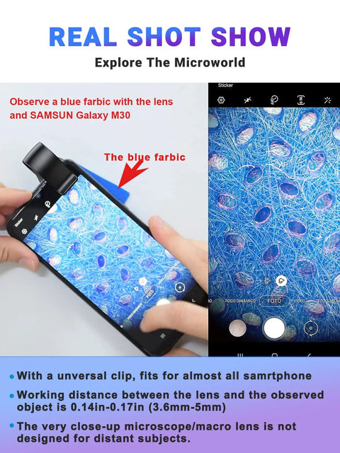 100x Phone Micro Lens With LED Light For Smartphone Macro And Microscope Go To Pro Grade Optical Glass Lens For Clear Close Up Shots And Microscale Imaging On The Go, clip-on phone macro lens on Samsung Galaxy M30