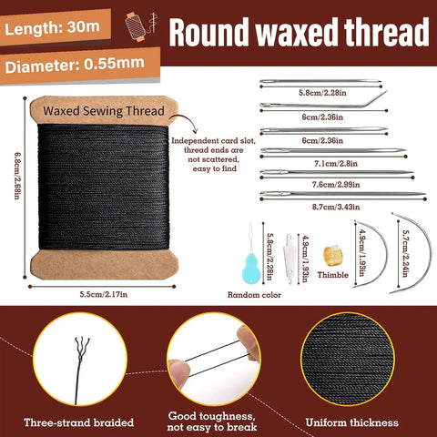 Heavy Duty Leather Stitching Kit With 32 Yards Waxed Thread, 8 Upholstery Needles, Long Curved And J Shaped Leather Needles, diagram