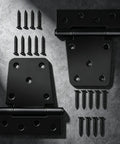 Top Shelf 3.5 Inch Gate Hinges 2 Pack, Straight Up Black Iron T Door Hardware With Dual Layer Galvanized Finish, No Sweat Rust Resistant Accessories For Outdoor Wooden Fences Barns And Sheds with screws on textured background.