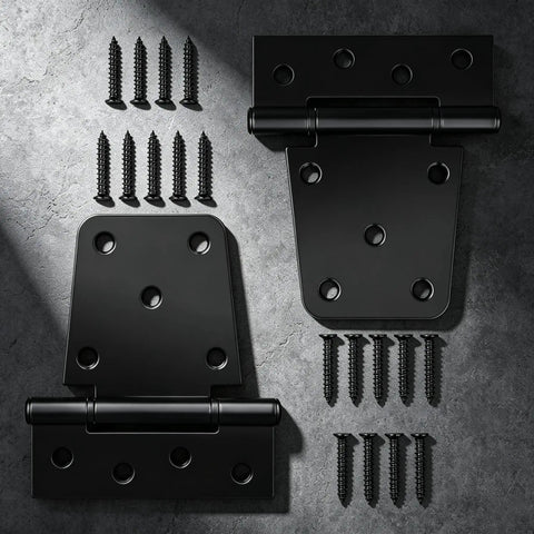 Top Shelf 3.5 Inch Gate Hinges 2 Pack, Straight Up Black Iron T Door Hardware With Dual Layer Galvanized Finish, No Sweat Rust Resistant Accessories For Outdoor Wooden Fences Barns And Sheds with screws on textured background.