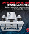 Raybestos brake caliper front view; zinc-plated cast-iron housing