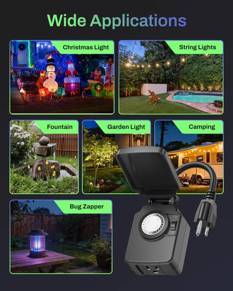 Image showing 24 Hour Heavy Duty Mechanical Outdoor Timer Outlet with 30 Minute Intervals Waterproof for various lighting use cases.