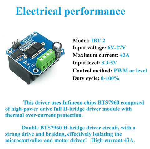 Beefy Dual H Bridge DC Motor Driver Module For Arduino With BTS7960 Chip 43A High Current PWM Speed Control Forward And Reverse.