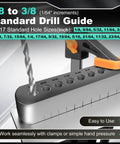 Front view of Pro Grade DIY-Friendly Portable Drill Guide for Straight Holes with 17 Drill Sizes from 1/8 to 3/8, heat-treated steel.